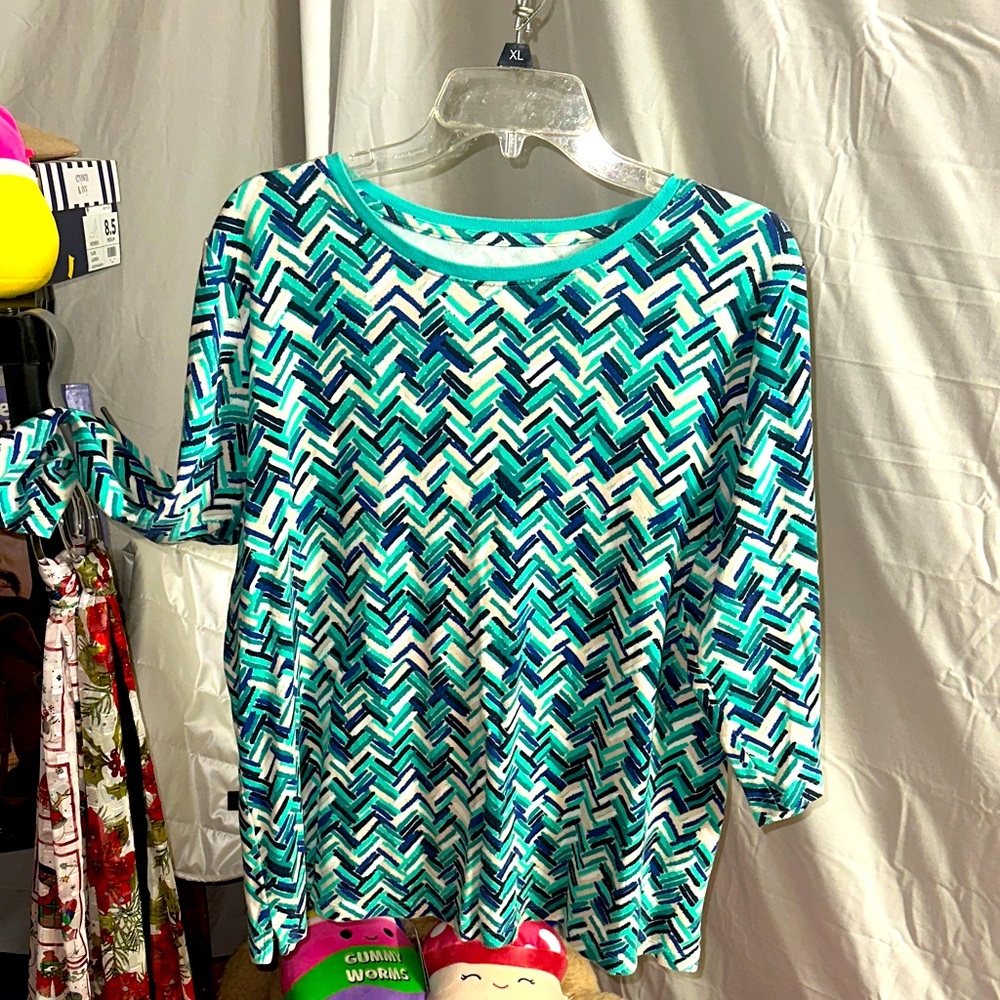 Kim Rogers Teal and White Chevron Blouse